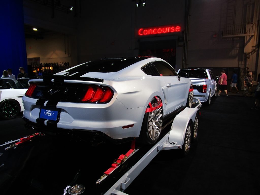 White Ford Mustang on a Flatbed
